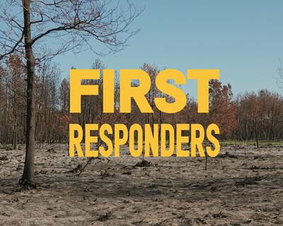 A forest in south-western France in the aftermath of devastating wildfires where the trees are few and have no leaves, the ground is reduced to dust. Yellow text reads "First responders".
