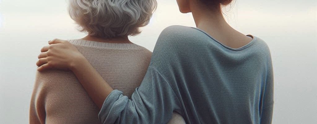 Two women, one older, on a bench with their backs to the camera with their arms round each other