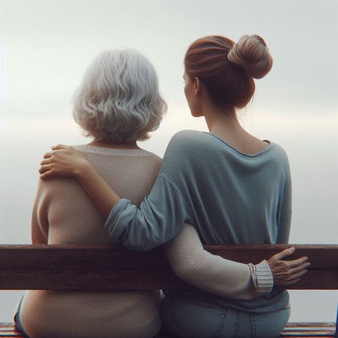 Two women, one older, on a bench with their backs to the camera with their arms round each other