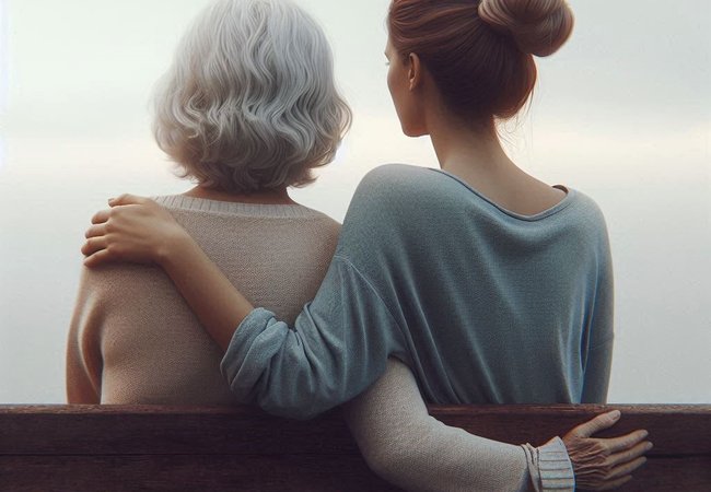 Two women, one older, on a bench with their backs to the camera with their arms round each other