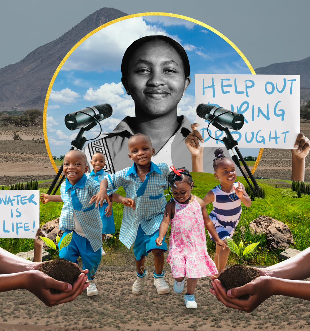 A collage with activist podcaster Abigael Kima with a halo surrounded by microphones and people calling for water with protest signs.