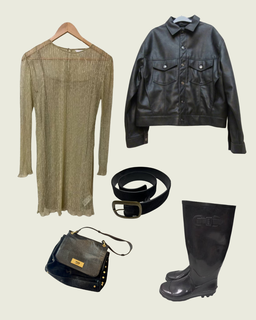 Gold glitter mini dress, a black leather jacket, a black leather belt, black wellies and a black studded bag.