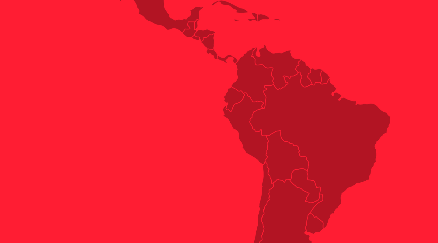 A red illustration showing the northern part of the South America continent with each country's borders outlined.