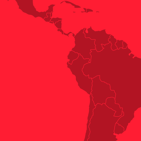 A red illustration showing the northern part of the South America continent with each country's borders outlined.