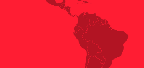 A red illustration showing the northern part of the South America continent with each country's borders outlined.