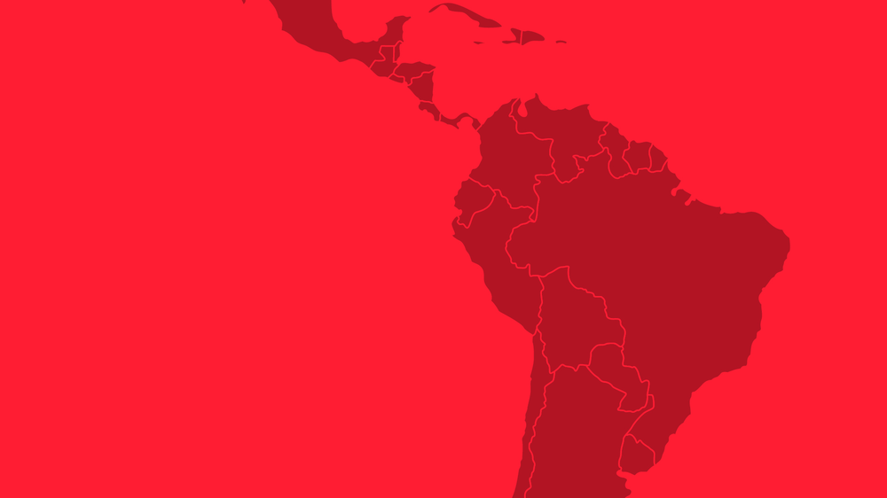 A red illustration showing the northern part of the South America continent with each country's borders outlined.