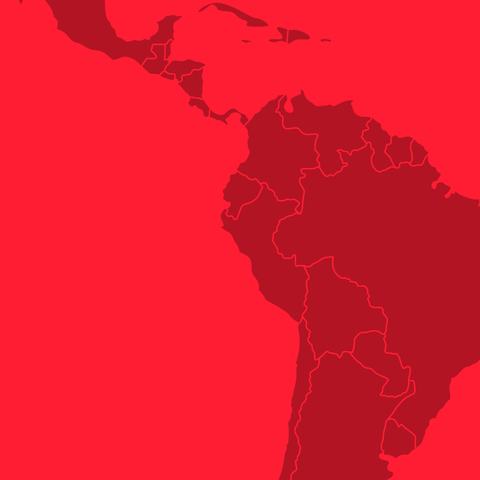 A red illustration showing the northern part of the South America continent with each country's borders outlined.