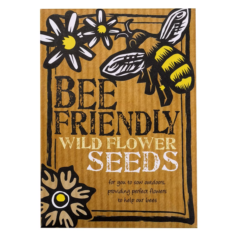 A packet of wildflower seeds with a picture of a bee on the front and the words bee friendly wildflower seeds