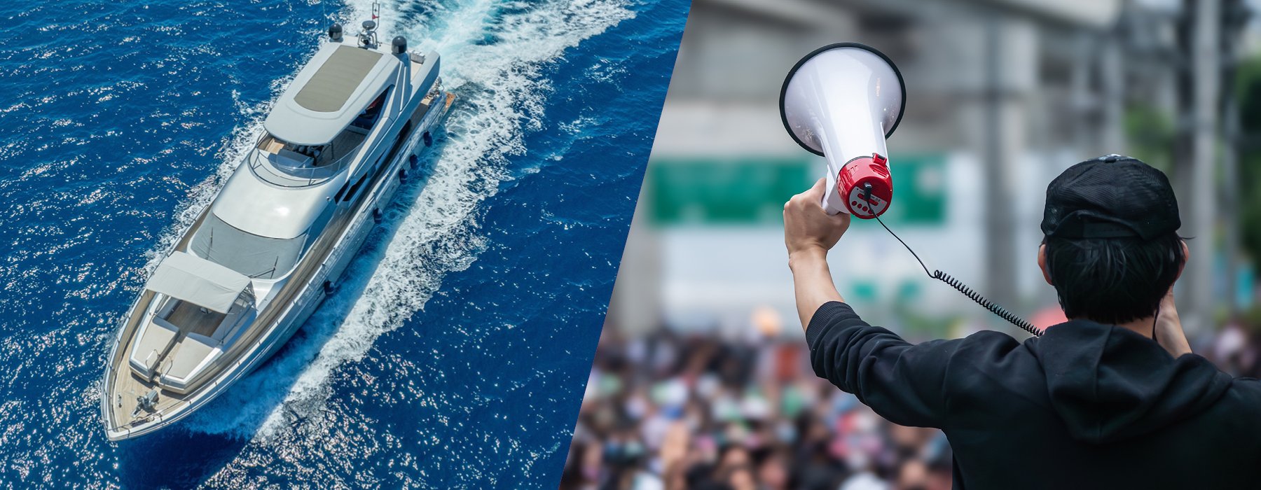 The image is split into two halves. On the left, a vast luxury yacht glides through the deep blue sea.  On the right, a man stands with a megaphone, rallying a large crowd, capturing a sense of urgency.