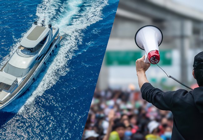 The image is split into two halves. On the left, a vast luxury yacht glides through the deep blue sea.  On the right, a man stands with a megaphone, rallying a large crowd, capturing a sense of urgency.