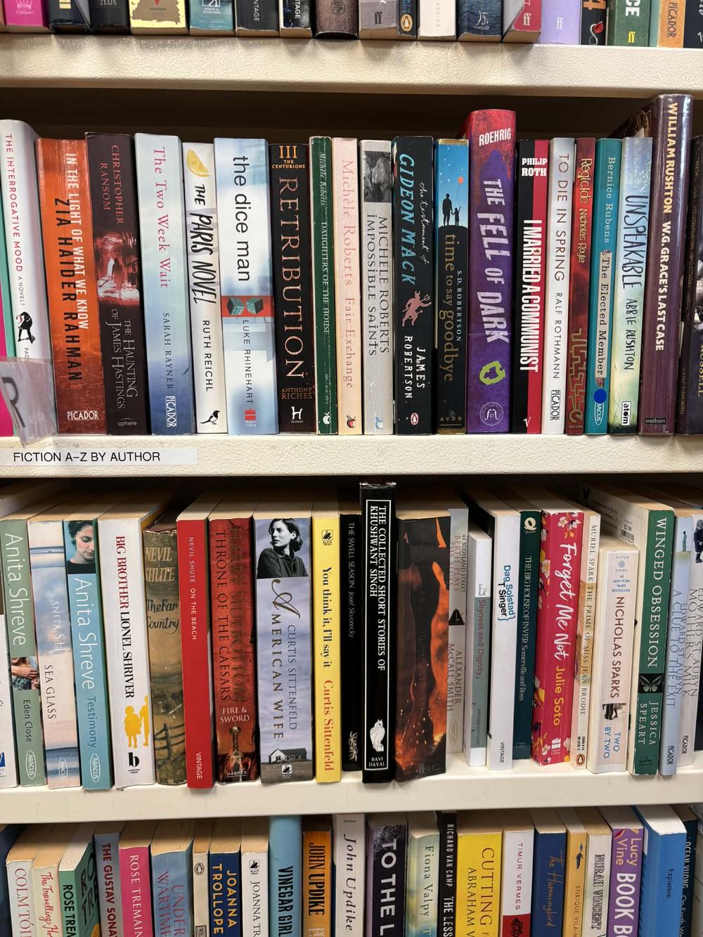 Array of fiction books on a shelving unit in the Oxfam Bristol Bookstore. Books range from A-Z and this is section S and T.