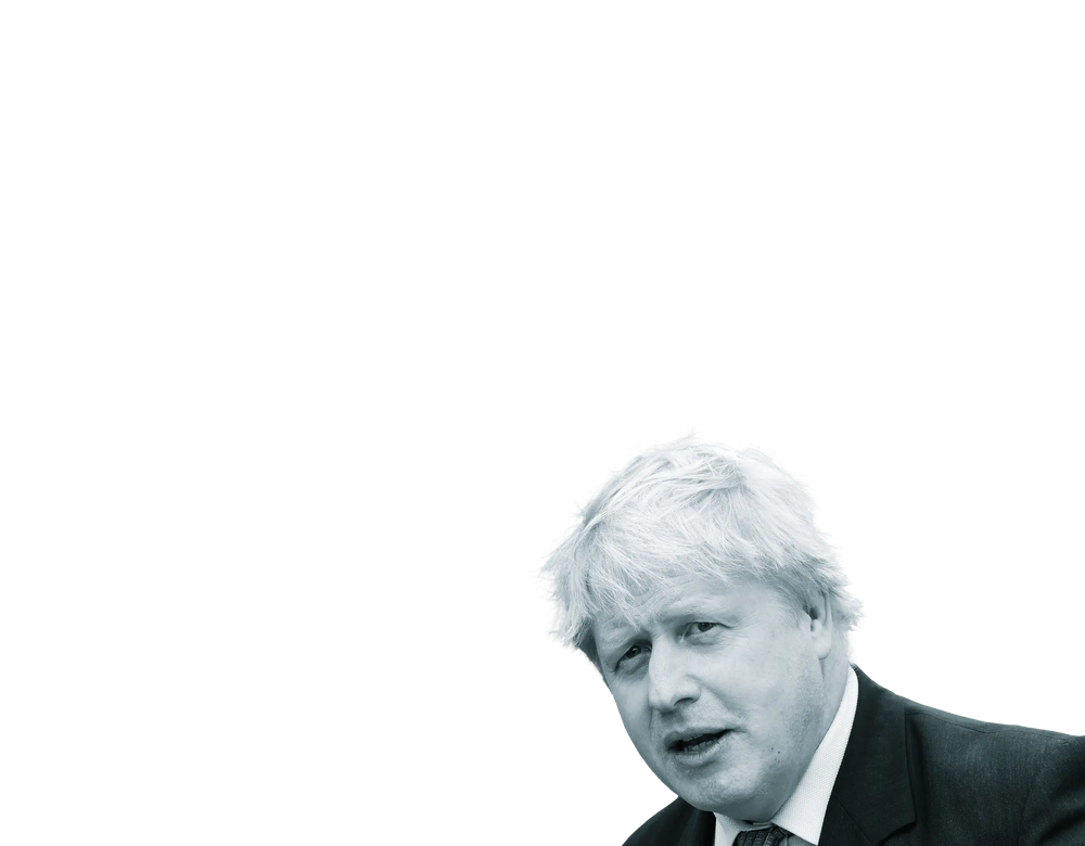 Black and white photo of Boris Johnson
