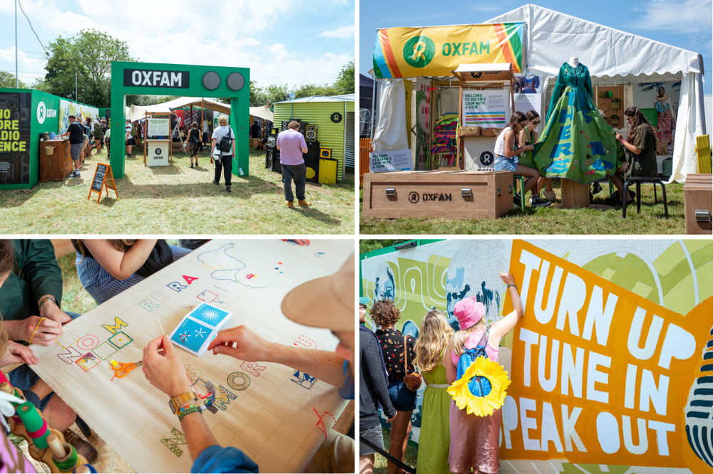 Four images showing a campaigner space at festivals, a communal paint by numbers, a dress stitching and a malaya stitching activity