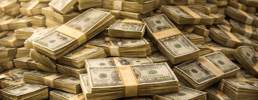 A towering pile of neatly stacked $100 bills, bundled with golden bands, with a few bills floating around the heap. The scene is bathed in soft golden light, emphasising the wealth and abundance of the cash