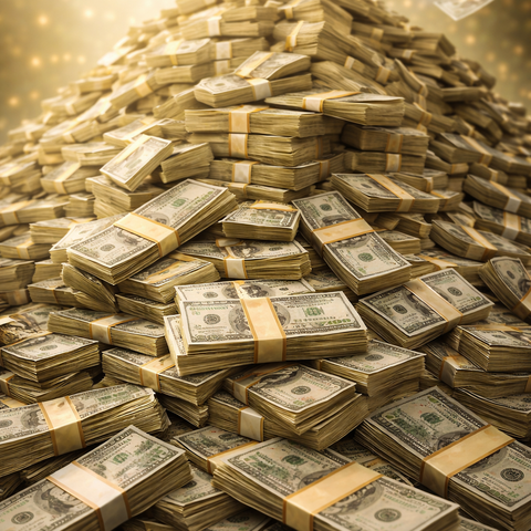 A towering pile of neatly stacked $100 bills, bundled with golden bands, with a few bills floating around the heap. The scene is bathed in soft golden light, emphasising the wealth and abundance of the cash