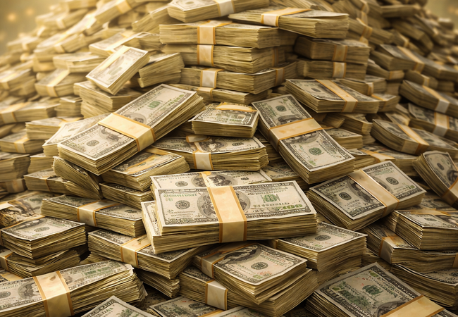 A towering pile of neatly stacked $100 bills, bundled with golden bands, with a few bills floating around the heap. The scene is bathed in soft golden light, emphasising the wealth and abundance of the cash