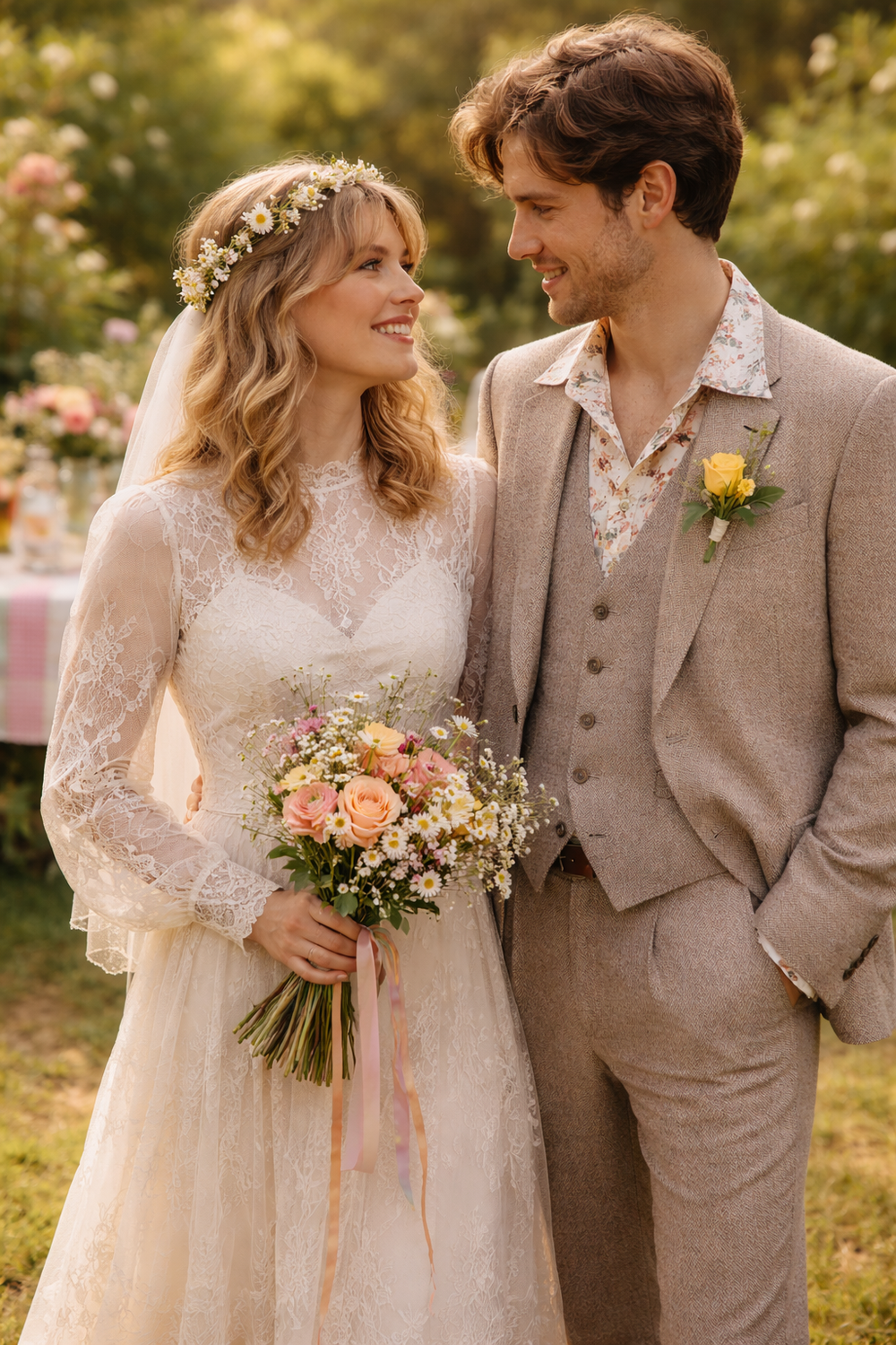 Bride and groom wearing vintage outfits