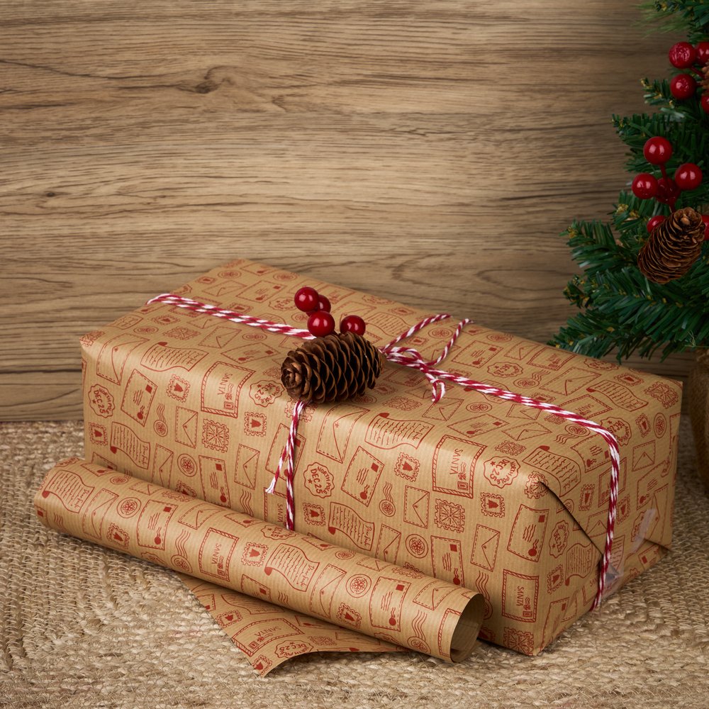 A rectangle present wrapped in brown wrapping paper with details of red letters to santa and a white and red striped ribbon. On top of the present is a pinecone and cranberries. There is a roll of paper place in front and you can see a small tree behind.