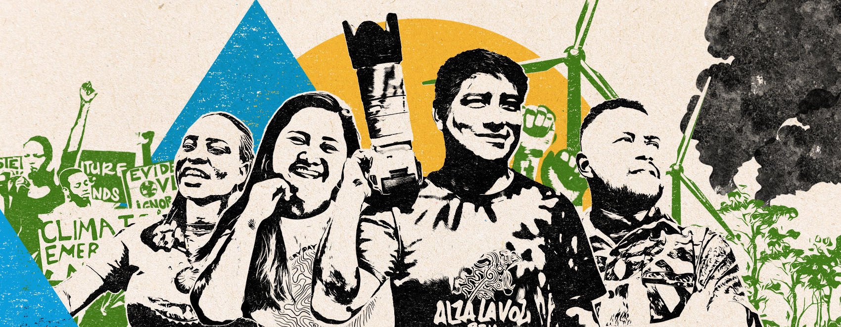 A collage featuring climate activists from around the world