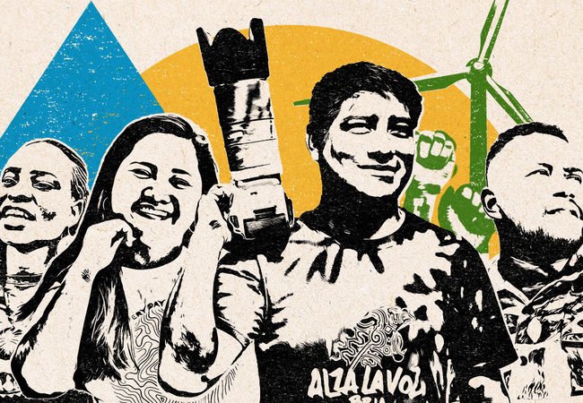 A collage featuring climate activists from around the world