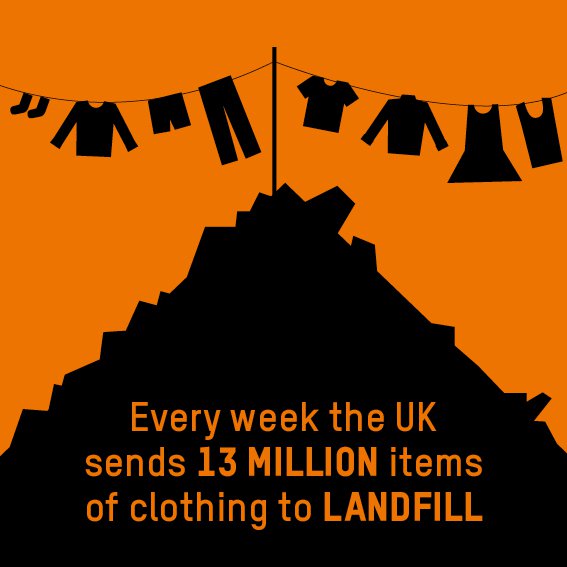 Orange graphic with the statistic '13 million items of clothing go to landfill every week'