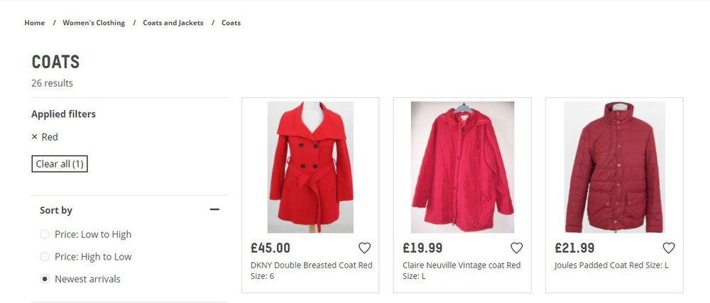 A screenshot of the Oxfam Online Shop showing a selection of red coats after colour filter has been applied