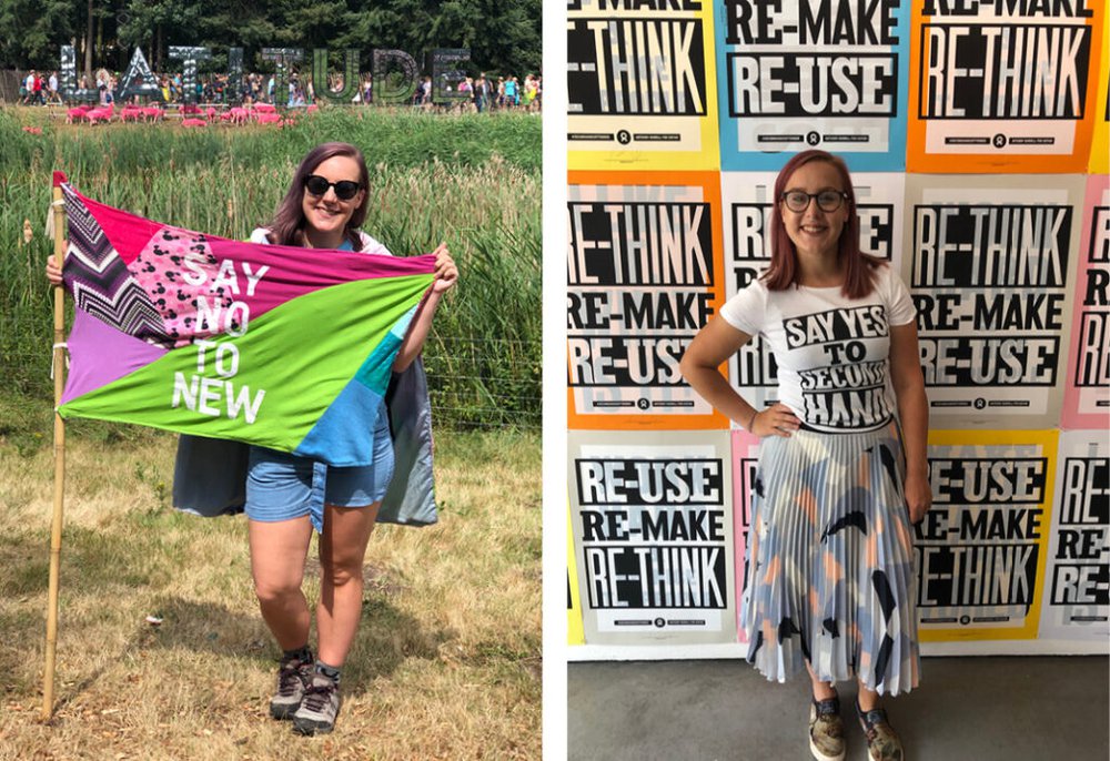 A photo of Zara by a colourful flag that says say no to new and one of her standing in a T-shirt that says say yess to less at a second hand September poster exhibition