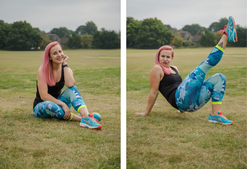 Zara wears blue leggings and a black strap top and kicks the air with blu trainers outside on the grass