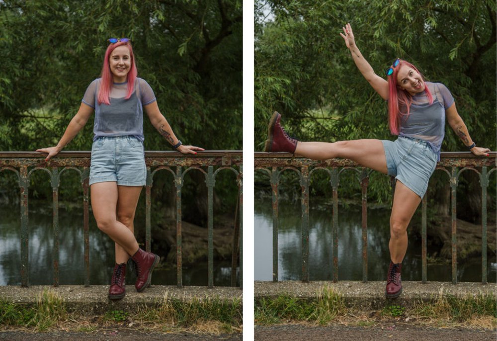 Zara wears shorts a t-shirt and Doc Marten boots on a stone bridge by a river in Oxford.