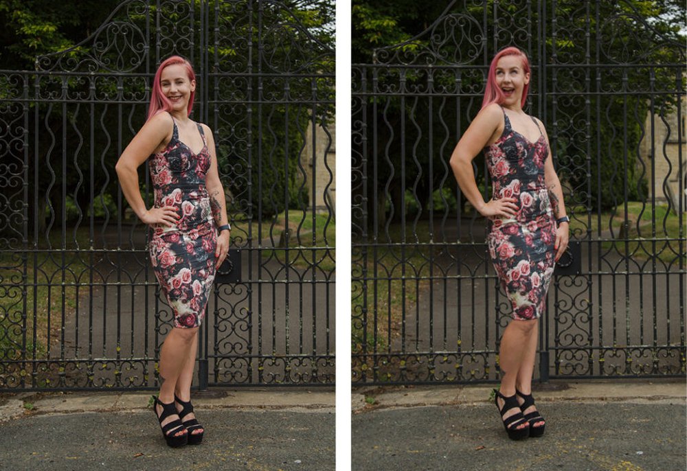 Zara wears a black lycra dress with flowers on it by the gates of a park