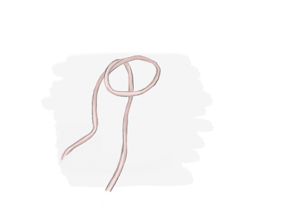 Illustration of a slip knot being formed from pink yarn