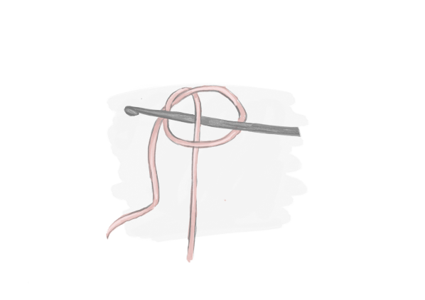 Illustration of a slip knot being tied around a crochet hook