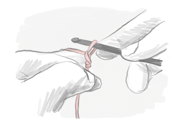 Illustration of two hands using a crochet hook to create a chain stitch