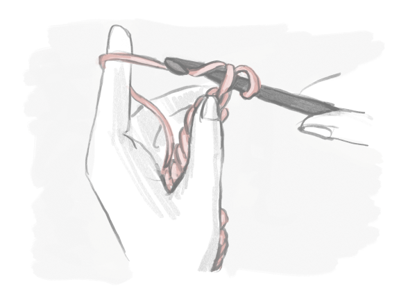 Illustration of two hands creating a double crochet stitch