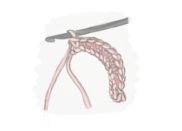 Illustration of a crochet hook and pink yarn showing a set of double crochet stitches
