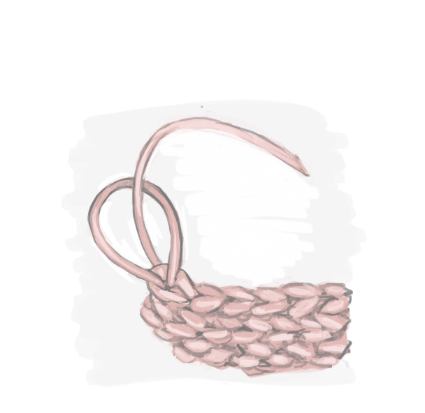 Illustration of pink yarn showing how to fasten off a piece of crochet