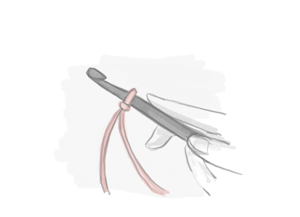 Illustration of two hands holding a crochet hook and pink yarn and showing how to hold the hook