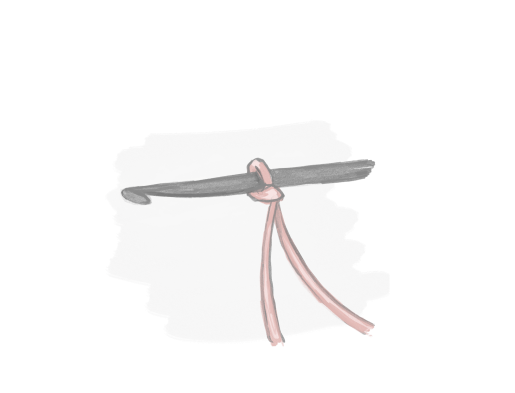 Illustration showing a close up of the fourth stage of trying a slip knot using pink yarn around a crochet hook