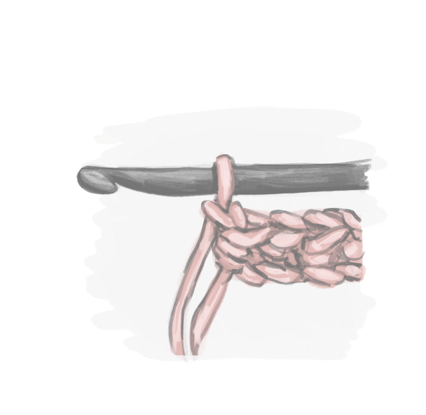 Illustration showing a close up of a crochet hook with yarn and completed crochet stitches and showing how to turn at the end of a row of stitches
