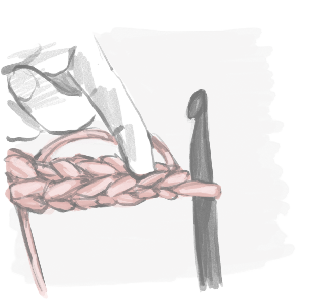 Illustration showing a close up of a crochet hook with yarn and completed crochet stitches and showing the second step of how to turn at the end of a row of stitches