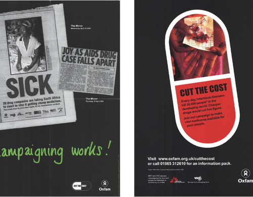 Two examples of posters supporting Oxfam's 'Cut the costs' campaign.