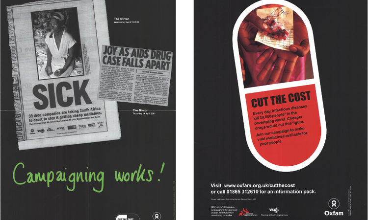 Two examples of posters supporting Oxfam's 'Cut the costs' campaign.