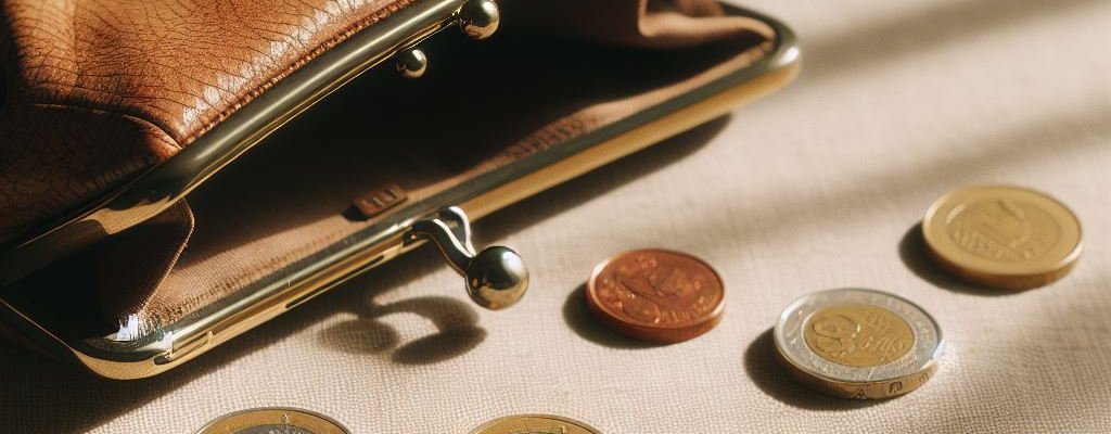 A purse on its side with a few coins spilling out