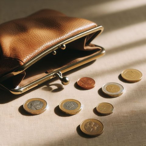 A purse on its side with a few coins spilling out