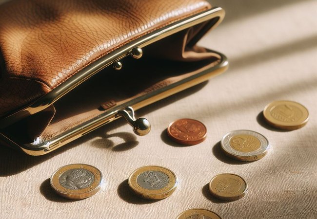 A purse on its side with a few coins spilling out