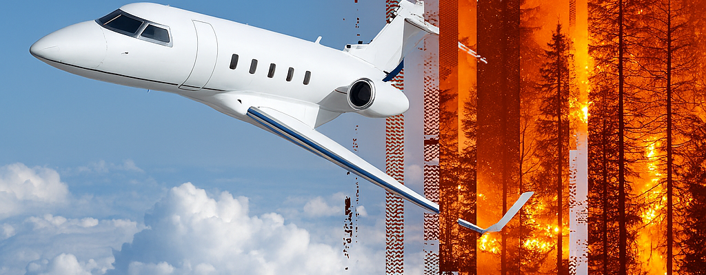 Image of private jet in blue sky on one half and wildfire in another