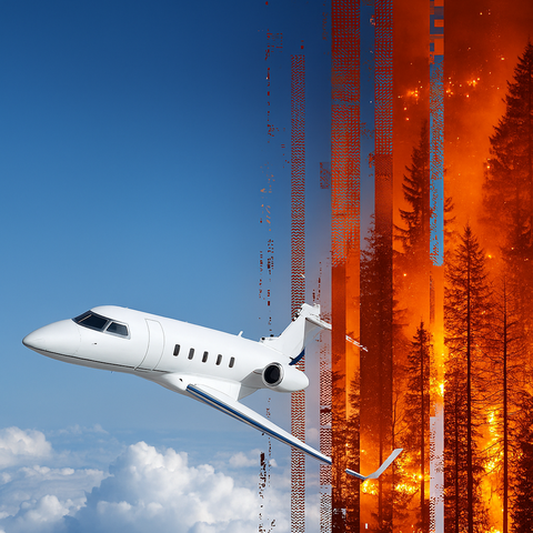 Image of private jet in blue sky on one half and wildfire in another