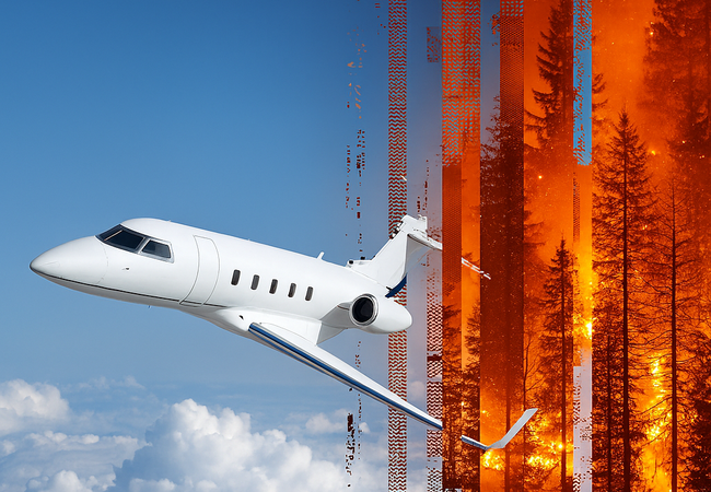 Image of private jet in blue sky on one half and wildfire in another