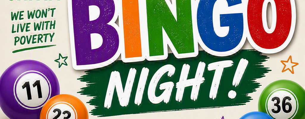 Colourful promotional poster for an Oxfam charity bingo event. Large multicoloured text reads “Oxfam Bingo Night!” with decorative bingo balls showing numbers 11, 23, 36, 7 and 45. Event details state: “Saturday 5th September at Port Bannatyne Golf Club.
