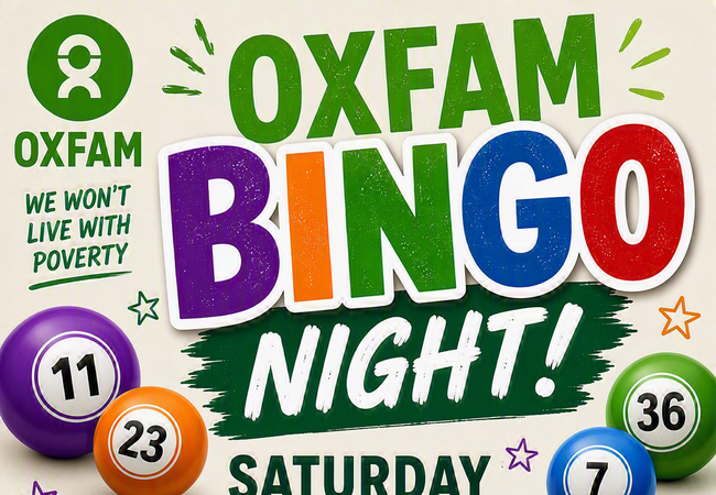 Colourful promotional poster for an Oxfam charity bingo event. Large multicoloured text reads “Oxfam Bingo Night!” with decorative bingo balls showing numbers 11, 23, 36, 7 and 45. Event details state: “Saturday 5th September at Port Bannatyne Golf Club.
